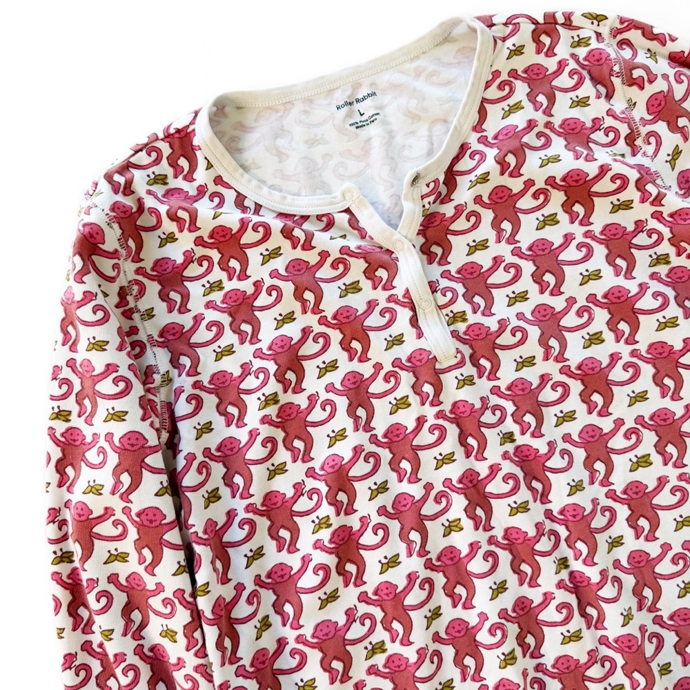 Roller Rabbit Pajama Shirt Top Womens Large Monkey Henley Pink White - Picture 2 of 5